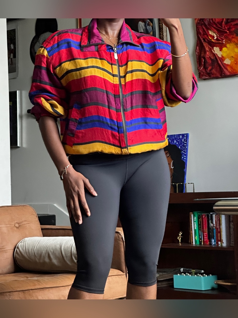 VTG 90s FUDA International Silk Bomber Jacket Multicolor Striped Zip Jacket, S